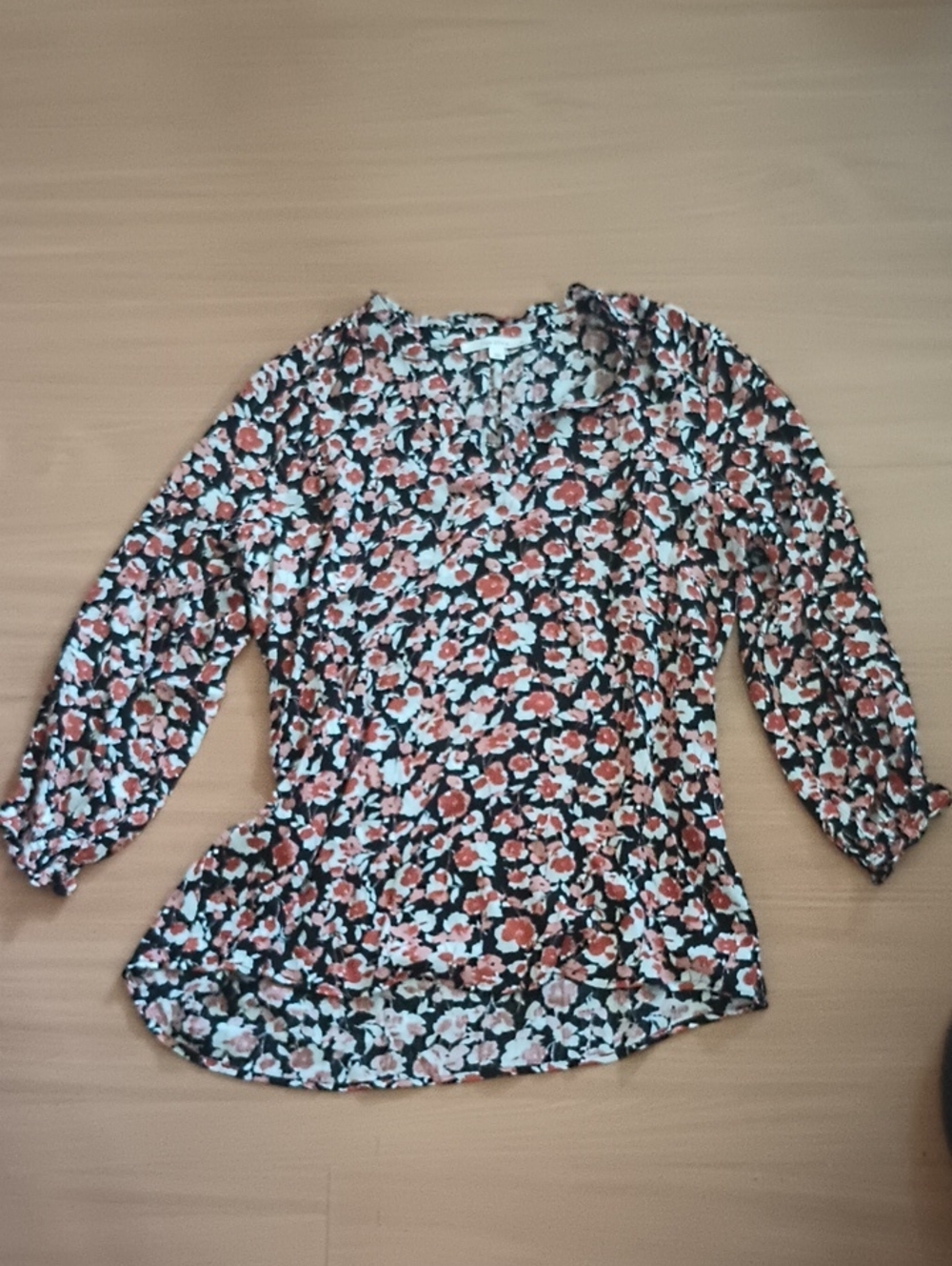 fun 2 fun Black Floral V-Neck Blouse with Coral and White Flowers